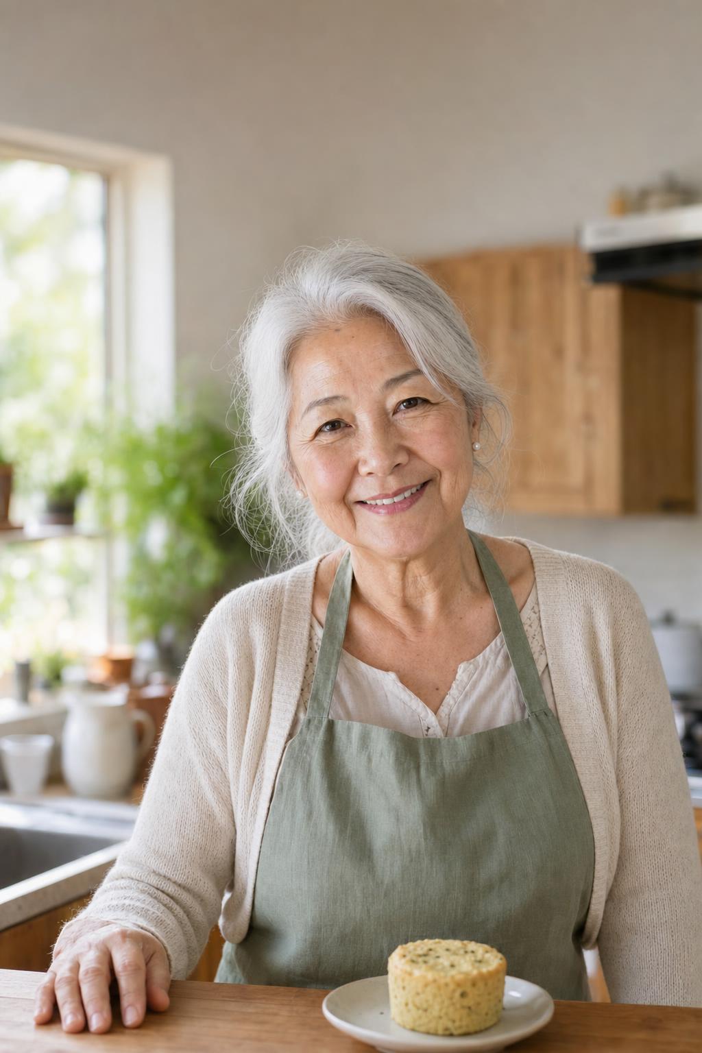 Vovó Emiko sorrindo na cozinha